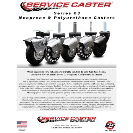 Service Caster 3 Inch Black Hooded Neoprene Rubber 3/8 Inch Threaded Stem Caster SCC-TS03S310-NPRB-BK-381615